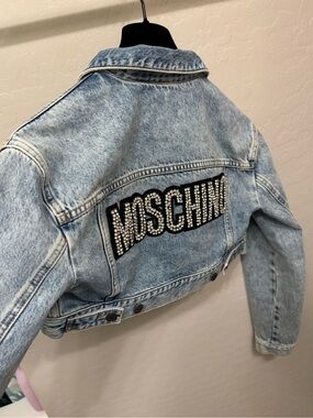 Moschino H&M Light Blue cropped çDenim Jacket with Crystal Logo